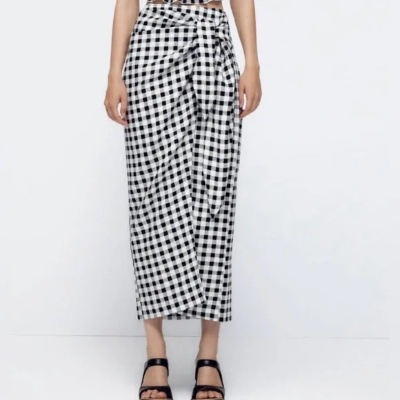 ZARA Gingham Linen Blend Skirt - Picture 2 of 12